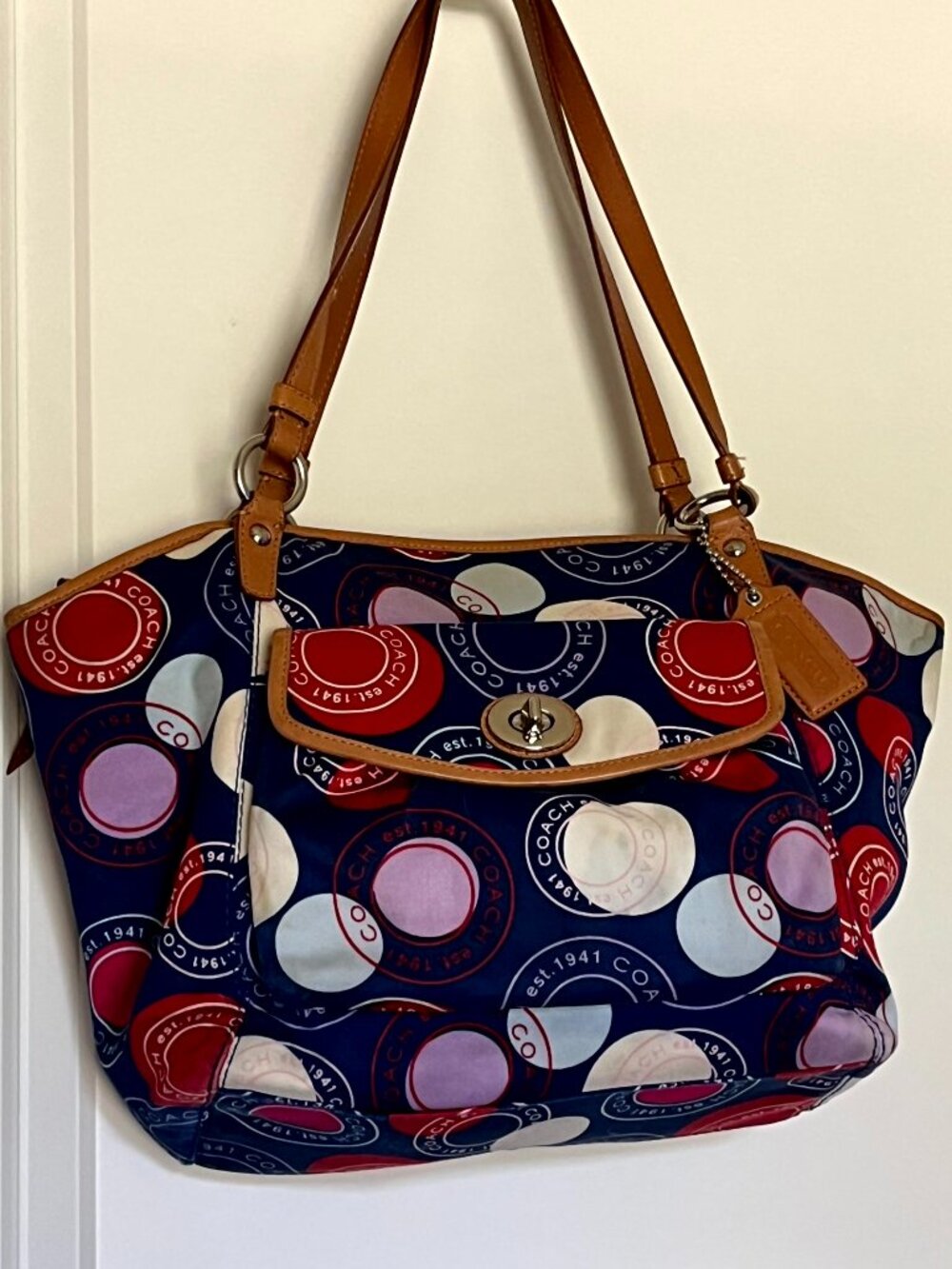 Coach Leah Polka Dot Tote Navy Multicolor Shoulder Bag